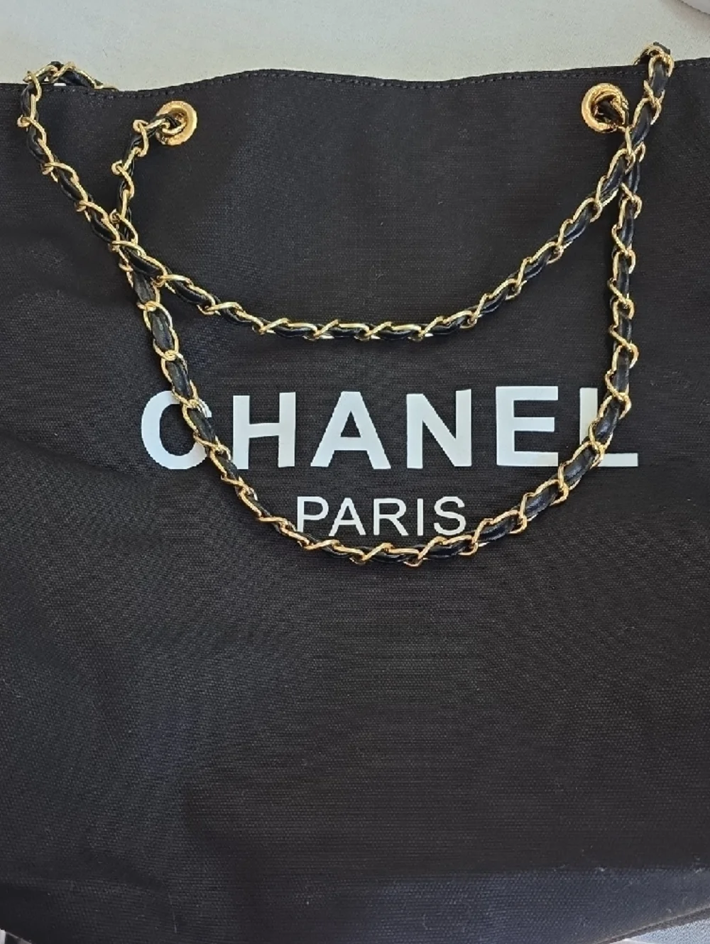 CHANEL Black Canvas Tote with Gold Chain-Strap - Picture 5 of 6